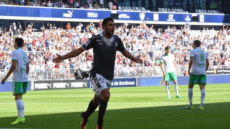Bordeaux's French forward Gaetan Laborde celebrates after scoring a goal  during the French L1 footbal match between Bordeaux and Saint-Etienne on August 1