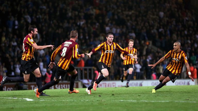Bradford City's Billy Knott celebrates scoring during the Capital One Cup Second Round match at Valley Parade, Bradford.