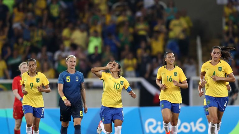 RIO DE JANEIRO, BRAZIL - AUGUST 06:  Marta of Brazil celebrates after scoring Brazil's third goal during the Women's Group E first round match between Braz