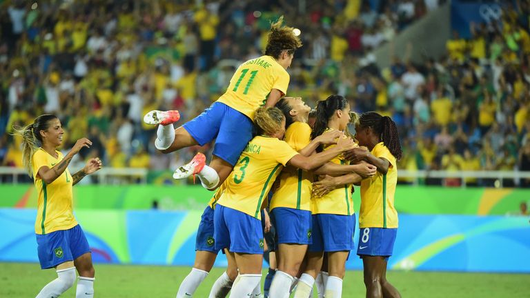 RIO DE JANEIRO, BRAZIL - AUGUST 06:  Marta of Brazil celebrates her goal from the spot during the Women's Group E first round match between Brazil and Swed