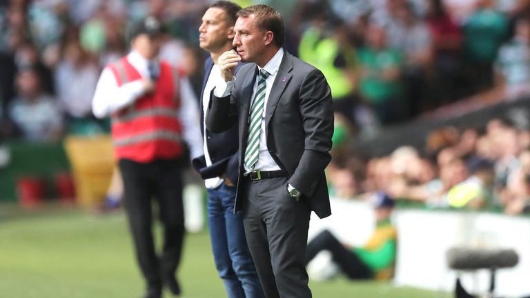 Brendan Rodgers looks on during the UEFA Champions League Play-off First leg with Hapoel
