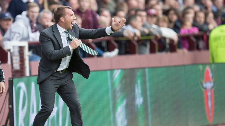 Brendan Rodgers, manager of Celtic, shouts out orders to his players  during the Ladbrokes Scottish Premiership match at Hearts