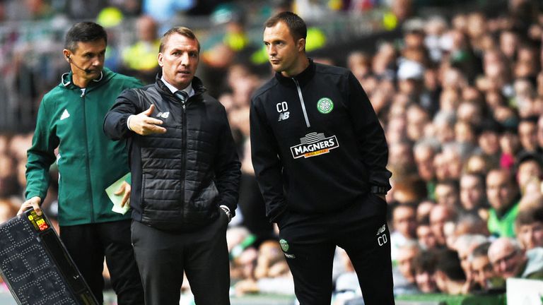 Celtic boss Brendan Rodgers and assistant Chris Davies discuss tactics