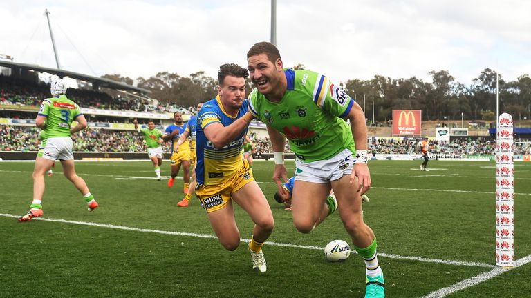 Brenko Lee of the Raiders scores a try during the round 24 NRL match between the Canberra Raiders and the Parramatta Eels