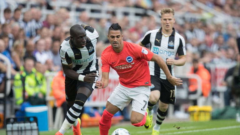 Mohamed Diame of Newcastle challenges Beram Kayal of Brighton 
