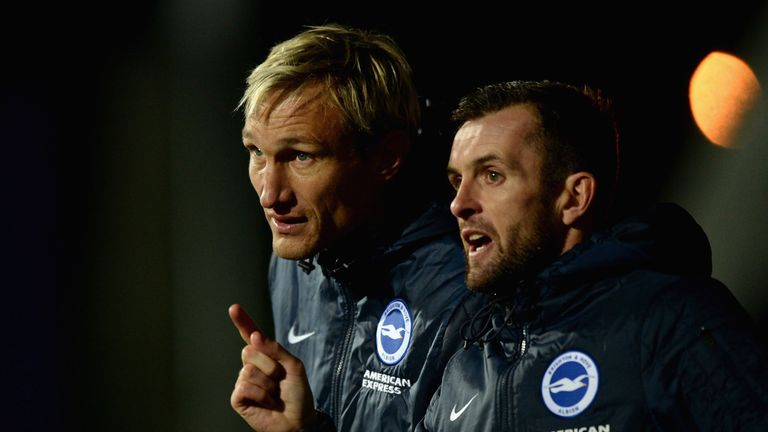 Brighton manager Sami Hyypia with assistant manager Nathan Jones during a Sky Bet Championship match in October 2014