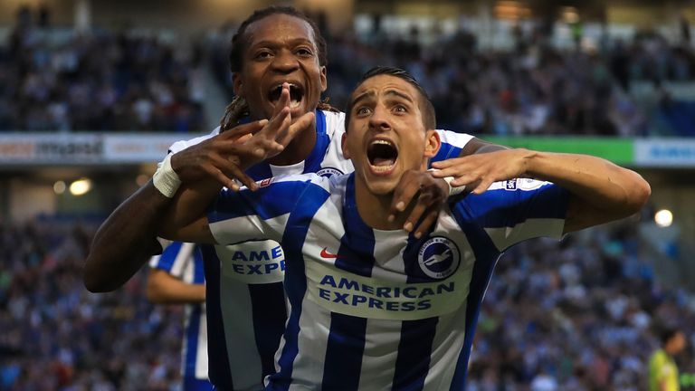 Brighton's Anthony Knockaert celebrates scoring his side's first goal