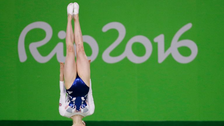 Britain's Bryony Page performs during the women's trampoline qualification