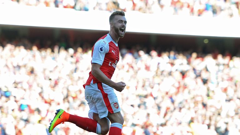 Calum Chambers celebrates scoring the 3rd Arsenal goal  during the Premier League match against Liverpool 