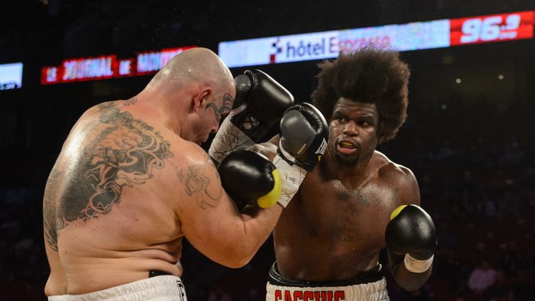 MONTREAL, QC - JANUARY 30:  Cassius Chaney of the US lands a right punch on Zoltan Csala of Hungary during the heavyweight match at the Bell Centre on Janu