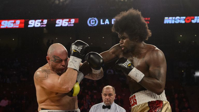 MONTREAL, QC - JANUARY 30:  Cassius Chaney of the US lands a right punch on Zoltan Csala of Hungary during the heavyweight match at the Bell Centre on Janu