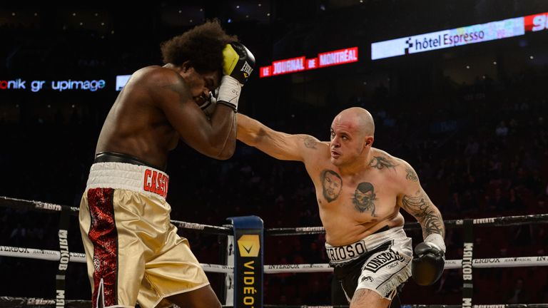 MONTREAL, QC - JANUARY 30:  Zoltan Csala of Hungary connects with a right hook on Cassius Chaney of the US during the super welterweight match at the Bell 