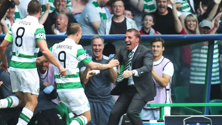 Leigh Griffiths celebrates scoring with Brendan Rodgers