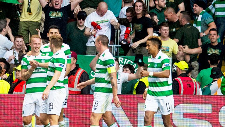 Celtic players celebrate their second goal against Hapoel Be'er Sheva