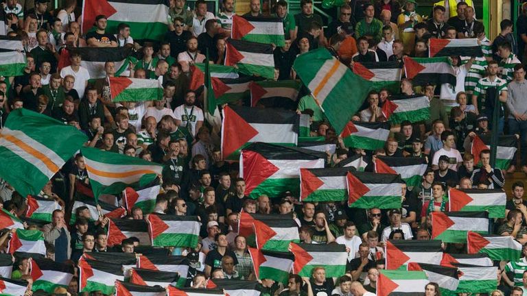 Palestinian flags were in evidence inside the ground during  the play-off first leg at Celtic Park