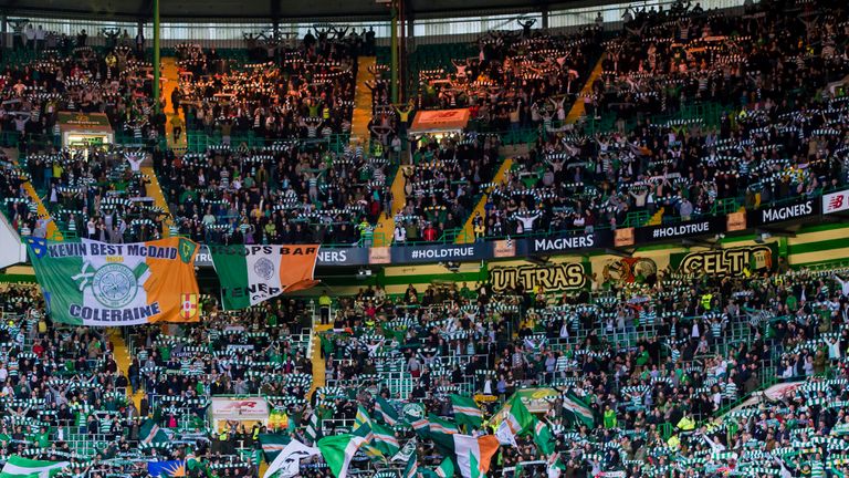 Celtic fans in safe standing section during Champions League qualifier against Astana at Celtic Park