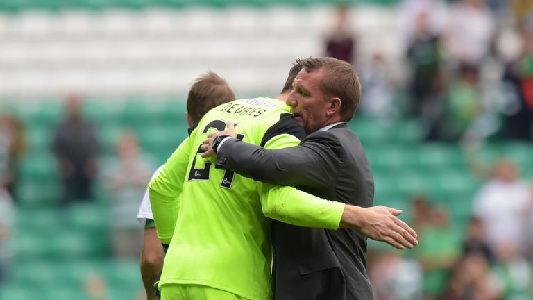 Celtic goalkeeper Dorus de Vries (left) is embraced by manager Brendan Rodgers after the 4-1 win over Aberdeen