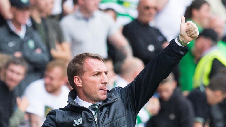 Celtic manager Brendan Rodgers gives the thumbs up during the Ladbrokes Scottish Premiership match at St Johnstone