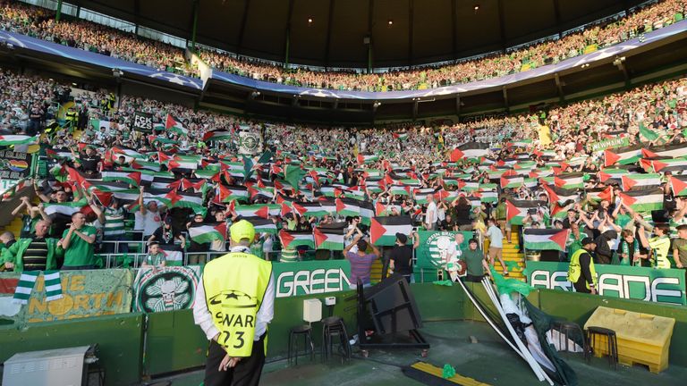 Celtic fans display several Palestine flags at their Champions League qualifier with Hapoel Be'er Sheva