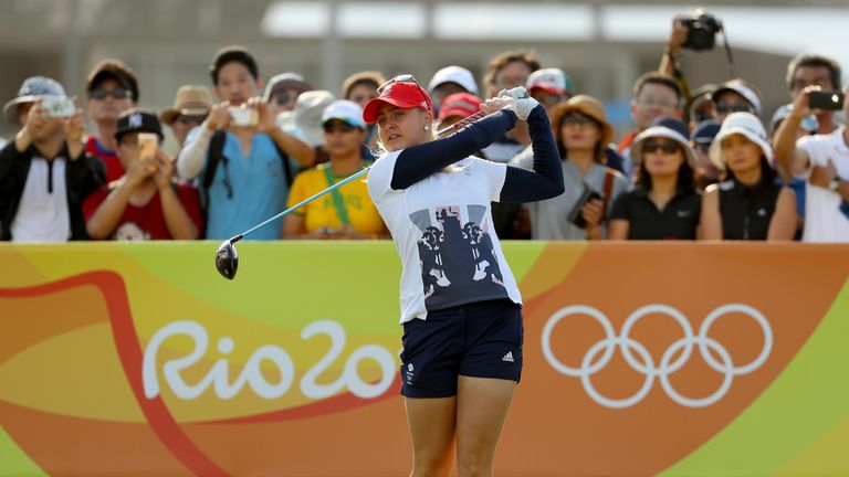 Charley Hull of Great Britain plays her shot from the first tee during the Women's Golf Final on Day 15 of the Rio Olympics