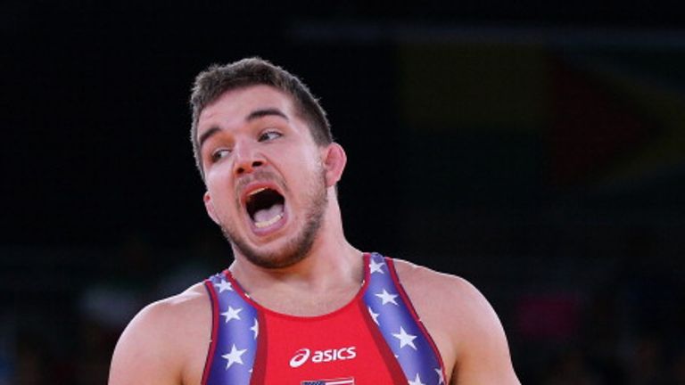 LONDON, ENGLAND - AUGUST 06:  Charles Edward Betts of the United States  reacts during his Men's Greco-Roman 84 kg Wrestling 1/8 Final bout against Pablo E