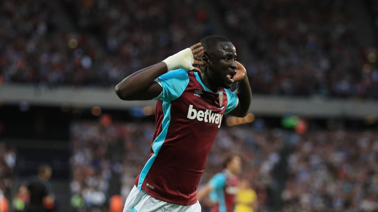 West Ham United's Cheikhou Kouyate celebrates scoring his side's second goal of the game during the UEFA Europa League, Third Qualifying Round, Second Leg 