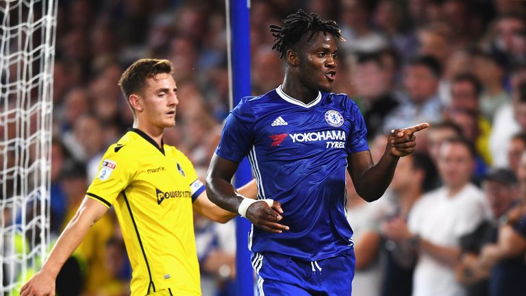 Michy Batshuayi of Chelsea celebrates scoring his side's third goal against Bristol Rovers
