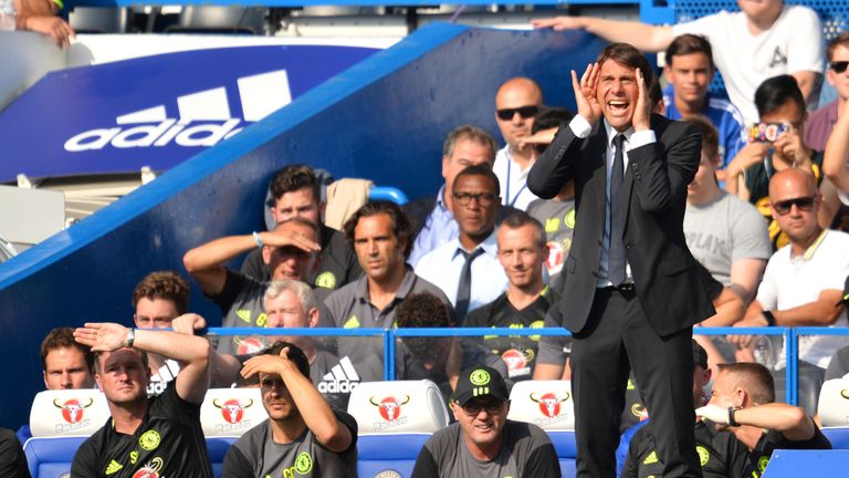 Antonio Conte shouts from his technical area at Stamford Bridge 