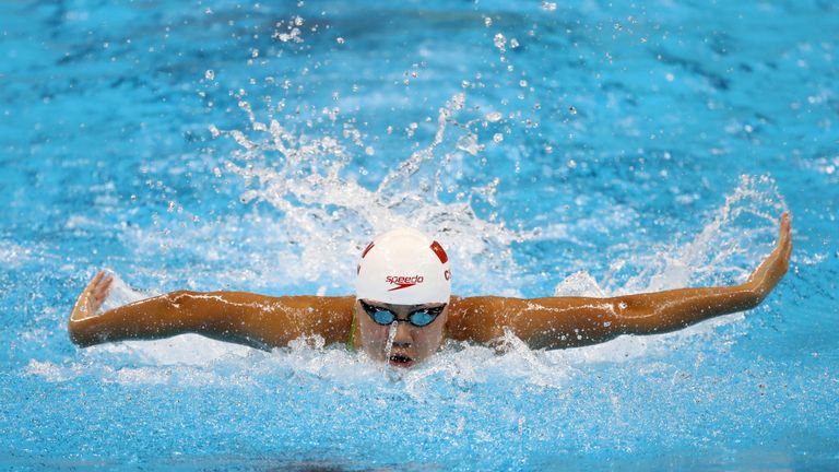 Xinyi Chen of China competes in the women's 100m butterfly on Day 1 of the Rio 2016 Olympic Games 