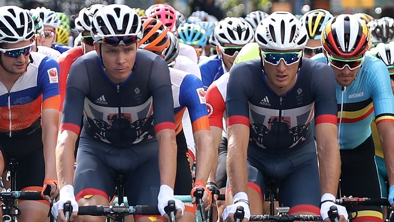 Chris Froome (L) and Steve Cummings (R) of Great Britain ride in the Peleton during the Men's Road Race at the Olympic Games