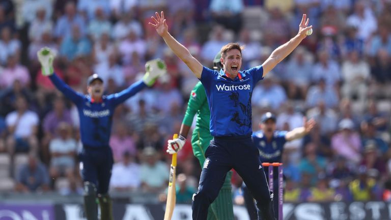 Chris Woakes of England unsuccessfully appeals for the wicket of Sharjeel Khan during the first Royal London One- Day