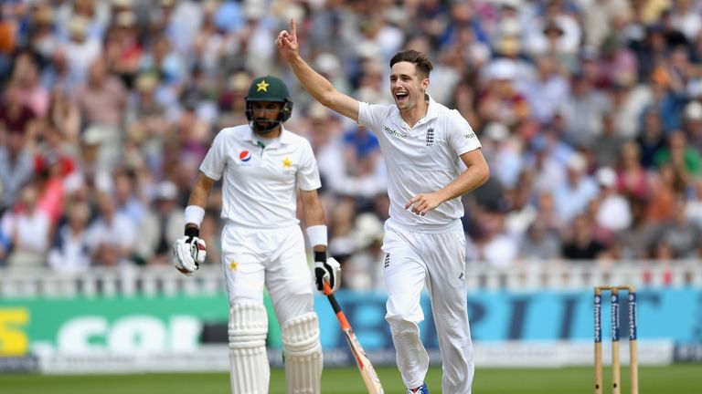 Chris Woakes of England celebrates dismissing Younis Khan of Pakistan during day three of the 3rd Investec Test at Edgbaston