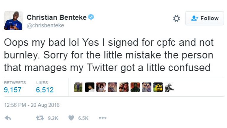 Christian Benteke tweets an apology - credit Twitter