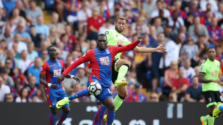 Crystal Palace's Christian Benteke holds of Bournemouth's Steve Cook 