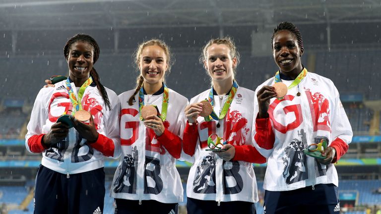 (L-R) Christine Ohuruogu, Emily Diamond, Eilidh Doyle and Anyika Onuora receive their bronze medals 
