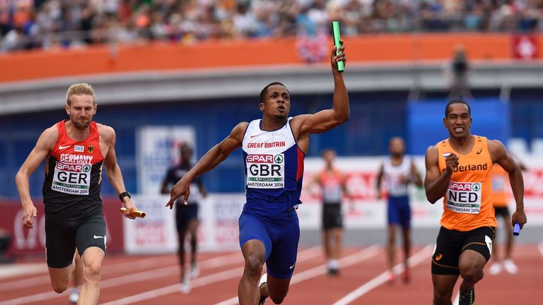 Britain's Chijindu Ujah wins the 4x400m relay men during the European Athletics Championships in Amsterdam at the Olympic Stadium on July 10, 2016.  / AFP 