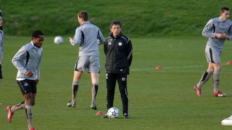 The Lille team trains watched by coach Claude Puel in March 2007 in Manchester before a Champions League tie