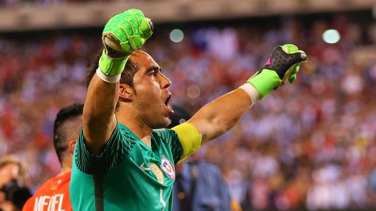 EAST RUTHERFORD, NJ - JUNE 26: Claudio Bravo #1 of Chile celebrates after defeating the Argentina to win the Copa America Centenario Championship match at 