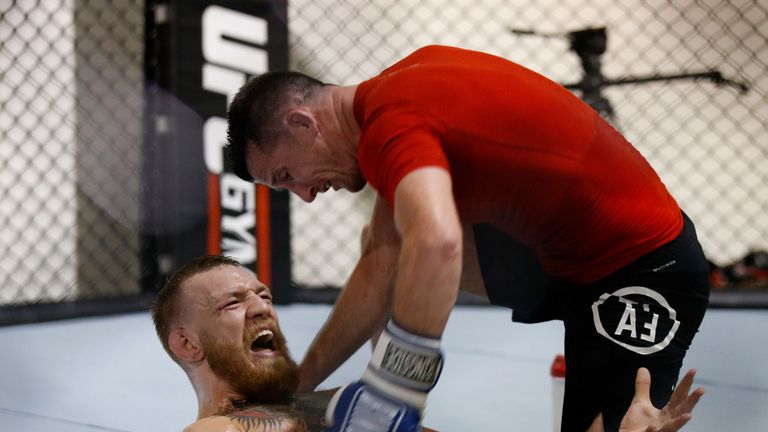 LAS VEGAS, NV - AUGUST 12:  UFC Featherweight Champion Conor McGregor trains during an open workout at his gym on August 12, 2016 in Las Vegas, Nevada. McG