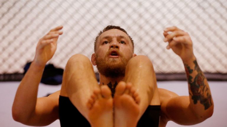 LAS VEGAS, NV - AUGUST 12:  UFC Featherweight Champion Conor McGregor trains during an open workout at his gym on August 12, 2016 in Las Vegas, Nevada. McG