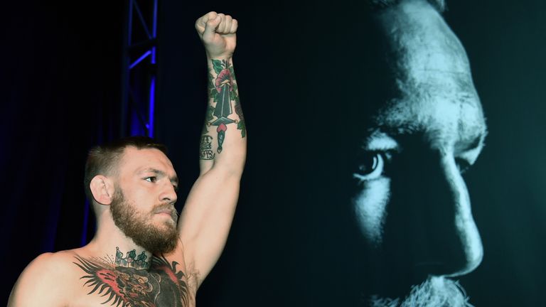 LAS VEGAS, NV - AUGUST 18:  UFC featherweight champion Conor McGregor arrives at an open workout for UFC 202 at Rocks Lounge at the Red Rock Casino on Augu