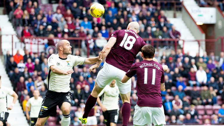 Hearts striker Conor Sammon heads the second goal at Tynecastle