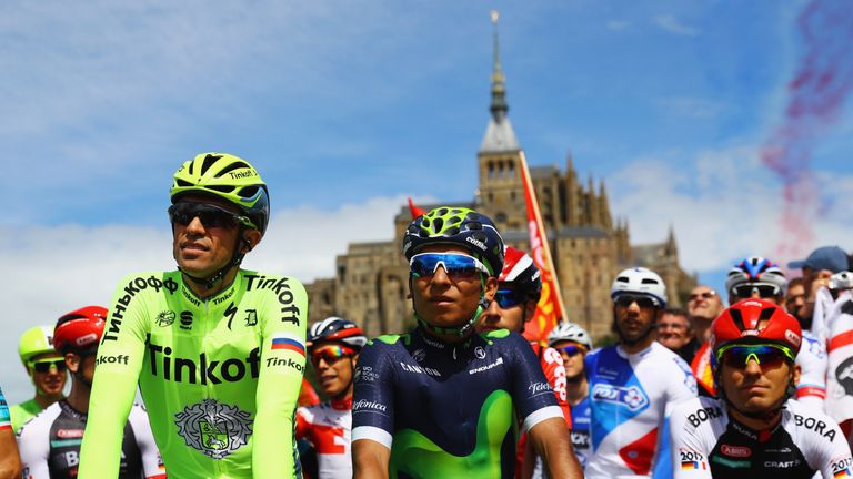 LE MONT-SAINT-MICHEL, FRANCE - JULY 02:  Alberto Contador of Spain and Tinkoff and Nairo Quintana of Colombia and Movistar Team look on prior to Stage One 