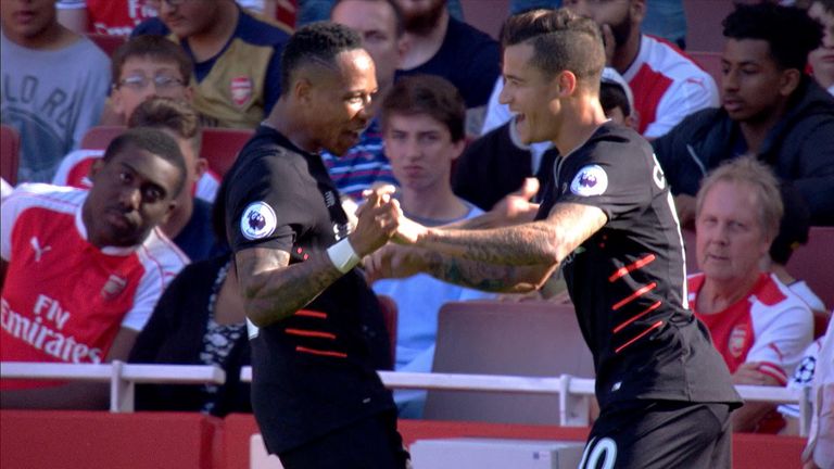 Coutinho celebrates after scoring his second goal against Arsenal to make it 3-1.