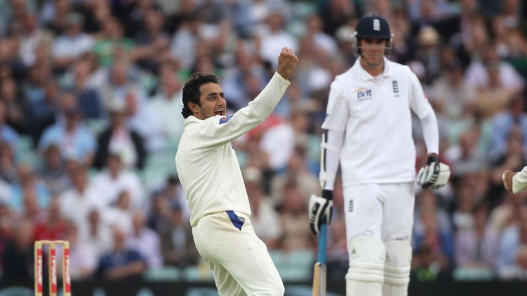 Saeed Ajmal of Pakistan celebrates the wicket of Graeme Swann of England (not in picture) during day three