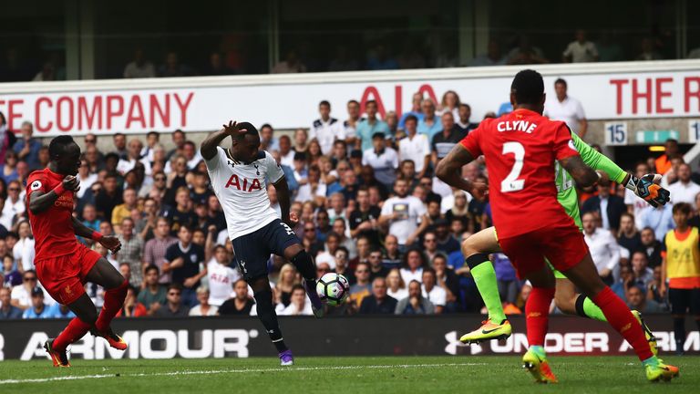 LONDON, ENGLAND - AUGUST 27: Danny Rose of Tottenham Hotspur scores his sides first goal past Simon Mignolet of Liverpool during the Premier League match b