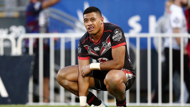David Fusitu'a of the Warriors is dejected after losing the round 25 NRL match between the New Zealand Warriors and the West Tigers