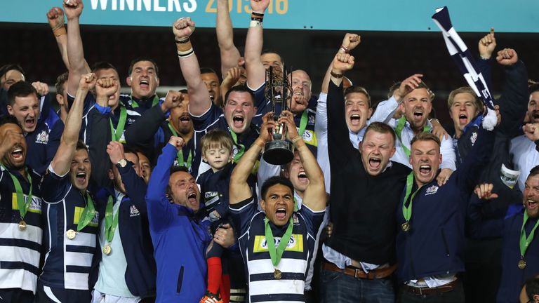 BRISTOL, ENGLAND - MAY 25:  David Lemi, the Bristol captain, raises the trophy after their victory during the Greene King IPA Championship Play Off Final s