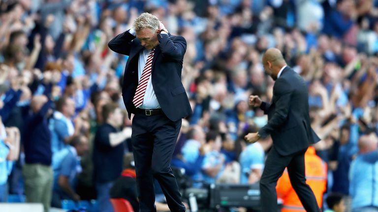 MANCHESTER, ENGLAND - AUGUST 13: David Moyes, Manager of Sunderland reacts to Paddy McNair of Sunderland own goal to give Manchester City the lead during t