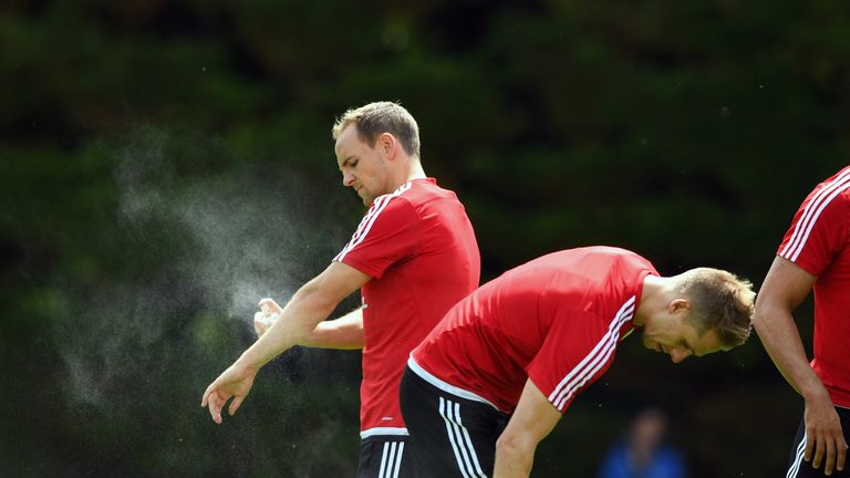 DINARD, FRANCE - JUNE 22:  Wales players David Vaughan (l) and David Edwards spray themselves during Wales training at their Euro 2016 base camp on June 22